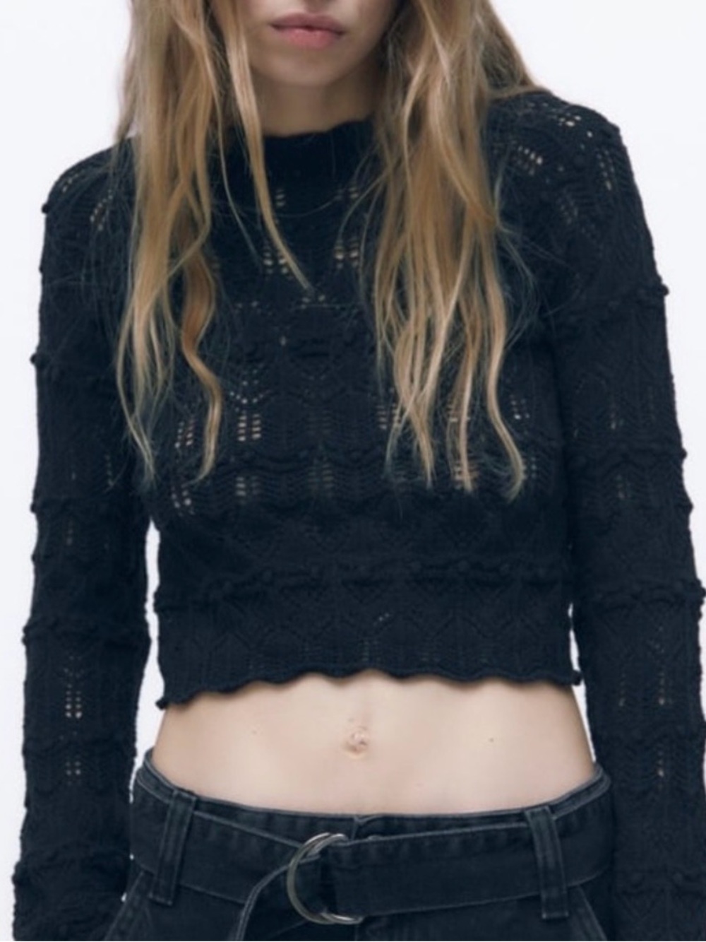 Zara Black Cropped Knit Long-Sleeve Top